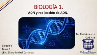 BIOLOGÍA 1.
ADN y replicación de ADN.
Bloque 2
Tema 8
LEN. Eliana Michel Carranza
3er Cuatrimestre
CO3 A-B
 