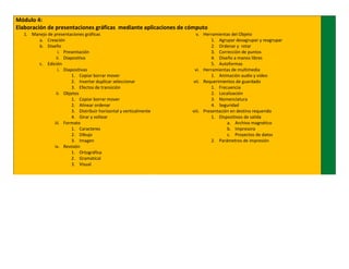 Módulo 4:
Elaboración de presentaciones gráficas mediante aplicaciones de cómputo
1. Manejo de presentaciones gráficas
a. Creación
b. Diseño
i. Presentación
ii. Diapositiva
c. Edición
i. Diapositivas
1. Copiar borrar mover
2. Insertar duplicar seleccionar
3. Efectos de transición
ii. Objetos
1. Copiar borrar mover
2. Alinear ordenar
3. Distribuir horizontal y verticalmente
4. Girar y voltear
iii. Formato
1. Caracteres
2. Dibujo
3. Imagen
iv. Revisión
1. Ortográfica
2. Gramatical
3. Visual

v. Herramientas del Objeto
1. Agrupar desagrupar y reagrupar
2. Ordenar y rotar
3. Corrección de puntos
4. Diseño a manos libres
5. Autoformas
vi. Herramientas de multimedia
1. Animación audio y video
vii. Requerimientos de guardado
1. Frecuencia
2. Localización
3. Nomenclatura
4. Seguridad
viii. Presentación en destino requerido
1. Dispositivos de salida
a. Archivo magnético
b. Impresora
c. Proyectos de datos
2. Parámetros de impresión

 