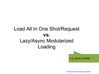 Load All In One Shot/Request
vs.
Lazy/Async Modularized
Loading
e.g. jQuery Mobile
http://ify.io/lazy-loading-in-angularjs/
 