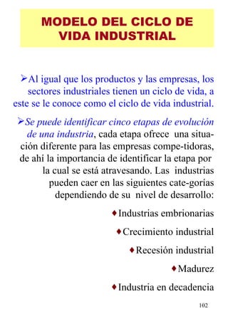 MODELO DEL CICLO DE VIDA INDUSTRIAL Al igual que los productos y las empresas, los sectores industriales tienen un ciclo de vida, a este se le conoce como el ciclo de vida industrial.  Se puede identificar cinco etapas de evolución de una industria , cada etapa ofrece  una situa-ción diferente para las empresas compe-tidoras, de ahí la importancia de identificar la etapa por  la cual se está atravesando. Las  industrias pueden caer en las siguientes cate-gorías dependiendo de su  nivel de desarrollo: Industrias embrionarias Crecimiento industrial Recesión industrial Madurez Industria en decadencia 
