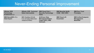 18/10/2022 11
Never-Ending Personal Improvement
QRadar XDR
Technology
Enablement L3
QRadar XDR Technical
Sales Intermediate
IBM Cloud Pak 4
Security Technology
Sales
IBM Security Verify
CIAM : SSO, MFA
IBM Zero Trust
Principles
IBM StoredID® v7.x
Data Expert
IBM Resilient SOAR,
User & Entity Behaviour
Analysis (UEBA)
AI-Driven Data
Management(Open
Pages:GRC), IBM,
Denmark
IBM Cloud Lift
Essentials¹
IBM Unified Endpoint
Management:
MaaS360¹
 