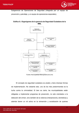 Subgerencia de Operaciones de Seguridad (integrada por un equipo de
prevención y patrullaje, y un equipo de operaciones especiales).
Gráfico 6.- Organigrama de la gerencia de Seguridad Ciudadana de la
MML
El concepto de seguridad ciudadana es amplio y tiene diversas formas
de implementación. No obstante esto, uno de los más predominantes es la
lucha contra la criminalidad. Si bien es cierto, las municipalidades están
obligadas a implementar programas de prevención, no solo orientados a la
detección del crimen, sino también de la violencia (interpersonal y doméstica) y
además tienen un rol activo en la reinserción y socialización de quienes
Fuente: Municipalidad Metropolitana de Lima
36
 