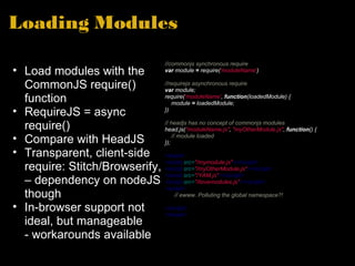 Loading Modules Load modules with the CommonJS require() function RequireJS = async require() Compare with HeadJS Transparent, client-side require: Stitch/Browserify, – dependency on nodeJS though In-browser support not ideal, but manageable - workarounds available //commonjs synchronous require var  module  =  require( 'moduleName' ) //requirejs asynchronous require var  module; require( 'moduleName' ,  function (loadedModule) {      module  =  loadedModule; }) // headjs has no concept of commonjs modules head.js( &quot;moduleName.js&quot; ,  &quot;myOtherModule.js&quot; ,  function () {      // module loaded }); <head> <script  src= &quot;/mymodule.js&quot; ></script> <script  src= &quot;/myOtherModule.js&quot; ></script> <script  src= &quot;/YAM.js&quot; ></script> <script  src= &quot;/ilovemodules.js&quot; ></script> <script>        // ewww. Polluting the global namespace?!        myModule.use() </script> </head> 