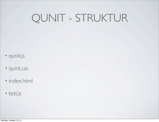 QUNIT - STRUKTUR


    • qunit.js

    • qunit.css

    • index.html

    • test.js




Monday, October 15, 12
 
