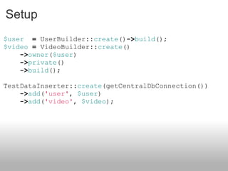 Setup $user    =  UserBuilder :: create () -> build (); $video   =  VideoBuilder :: create ()    -> owner ( $user )    -> private ()    -> build (); TestDataInserter :: create (getCentralDbConnection())    -> add ( 'user' ,  $user )    -> add ( 'video' ,  $video ); 