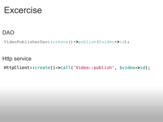 Excercise VideoPublisherDao :: create () -> publish ( $video -> id ); Http service DAO HttpClient :: create () -> call ( 'Video::publish' ,  $video -> id ); 