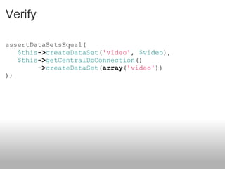 Verify assertDataSetsEqual(    $this -> createDataSet ( 'video' ,  $video ),    $this -> getCentralDbConnection () -> createDataSet ( array ( 'video' )) ); 
