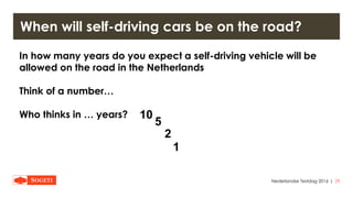 |
When will self-driving cars be on the road?
In how many years do you expect a self-driving vehicle will be
allowed on the road in the Netherlands
Think of a number…
Who thinks in … years?
Nederlandse Testdag 2016 29
10
5
2
1
 