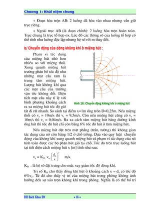 Chæång 1: Khaïi niãûm chung
ÂH Baïch Khoa ÂN = 35 =
+ §o¹n hßa trén AB: 2 luång ®· hßa vµo nhau nh−ng vÉn gi÷
trôc riªng.
+ Ngoµi trôc AB (lµ ®o¹n chÝnh): 2 luång hßa trén hoµn toµn.
Trôc chung lµ trôc tæ hîp ox. Lóc ®ã c¸c th«ng sè cña luång tæ hîp cã
thÓ tÝnh nh− luång ®éc lËp nh−ng hÖ sè rèi m thay ®æi.
b/ Chuyãøn âäüng cuía doìng khäng khê åí miãûng huït :
Ph¹m vi t¸c dông
cña miÖng hót nhá h¬n
nhiÒu so víi miÖng thæi.
Xung quanh miÖng hót
tr−êng ph©n bè tèc ®é nh−
nh÷ng mÆt cÇu t©m lµ
trung t©m miÖng hót.
L−îng hót kh«ng khÝ qua
c¸c mÆt cÇu cña tr−êng
vËn tèc kh«ng ®æi. DiÖn
tÝch mÆt cÇu nµy tØ lÖ víi
b×nh ph−¬ng kho¶ng c¸ch
ra xa miÖng hót tèc ®é giã
t¾t ®i rÊt nhanh. So s¸nh t¹i ®iÓm x=1m èng trßn D=0,25m. NÕu miÖng
thæi cã vo = 10m/s th× vx = 9,5m/s. Cßn nÕu miÖng hót còng cã vo =
10m/s th× vx = 0,04m/s. Ra xa c¸ch t©m miÖng hót b»ng ®−êng kÝnh
èng hót th× tèc ®é hót chØ cßn b»ng 6% tèc ®é hót ë t©m miÖng hót.
NÕu miÖng hót ®Æt trªn mÆt ph¼ng (trÇn, t−êng) th× kh«ng gian
t¸c dông cña nã cßn b»ng 1/2 ë chç trèng. Dùa vµo quy luËt chuyÓn
®éng cña kh«ng khÝ xung quanh miÖng hót vµ ph¹m vi t¸c dông cña nã
tÝnh to¸n ®−îc c¸c bé phËn hót giã t¹i chç. Tèc ®é trªn trôc luång hót
t¹i tiÕt diÖn c¸ch miÖng hót x [m] tÝnh nh− sau:
vx = KH. vo.
2
o
x
d






m/s.
KH : lµ hÖ sè ®Æt tr−ng cho møc suy gi¶m tèc ®é dßng khÝ.
TrÞ sè KH cho thÊy dßng khÝ hót ë kho¶ng c¸ch x = do cã tèc ®é
6%vo. Tõ ®ã cho thÊy vÞ trÝ cña miÖng hót trong phßng kh«ng ¶nh
h−ëng ®Õn sù x¸o trén kh«ng khÝ trong phßng. NghÜa lµ cã thÓ bè trÝ
Hçnh 16: Chuyãøn âäüng khäng khê åí miãûng huït
 