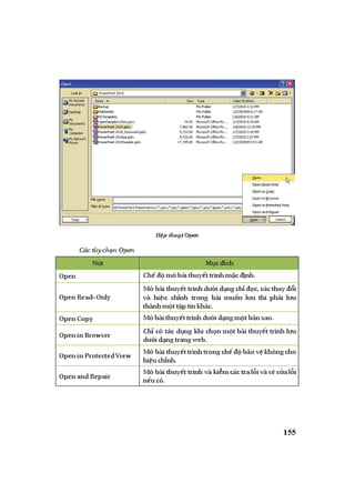 ỨNG DỤNG PHẦN MỀM TRÌNH DIỄN MICROSOFT POWERPOINT TRONGDẠYHỌC| 155
H p tho i Open
Cáctùych nOpen
Nút M c ích
Open Ch m bàithuy ttrìnhm c nh.
OpenRead—Only
M bài thuy t trìnhd id ngch c,cácthay i
và hi u ch nh trong bài mu n l u thì ph i l u
thànhm tt ptin khác.
OpenCopy M bàithuy ttrìnhd i d ngm tb nsao.
OpeninBrowser Ch có tác d ng khi ch n m t bài thuy t trình l u
d id ngtrangweb.
OpeninProtectedView M bài thuy t trình trong ch b o v không cho
hi u ch nh.
OpenandRepair M bài thuy t trình và ki mcáctral ivàs s al i
n u có.
 