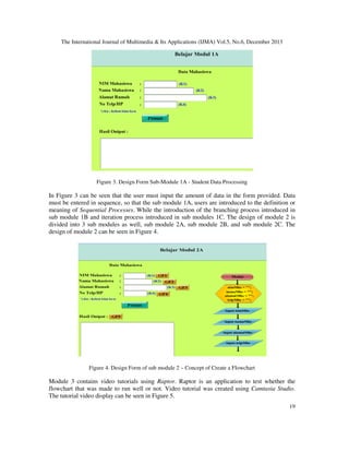 The International Journal of Multimedia & Its Applications (IJMA) Vol.5, No.6, December 2013

Figure 3. Design Form Sub-Module 1A - Student Data Processing

In Figure 3 can be seen that the user must input the amount of data in the form provided. Data
must be entered in sequence, so that the sub module 1A, users are introduced to the definition or
meaning of Sequential Processes. While the introduction of the branching process introduced in
sub module 1B and iteration process introduced in sub modules 1C. The design of module 2 is
divided into 3 sub modules as well, sub module 2A, sub module 2B, and sub module 2C. The
design of module 2 can be seen in Figure 4.

Figure 4. Design Form of sub module 2 – Concept of Create a Flowchart

Module 3 contains video tutorials using Raptor. Raptor is an application to test whether the
flowchart that was made to run well or not. Video tutorial was created using Camtasia Studio.
The tutorial video display can be seen in Figure 5.
19

 