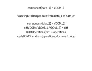 component(data_1) = VDOM_1
*user inputchanges datafrom data_1 to data_2*
component(data_2) = VDOM_2
diffVDOMs(VDOM_1, VDOM_2) = diff
DOMOperations(diff) = operations
applyDOMOperations(operations, document.body)
 