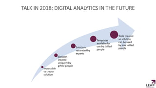 TALK IN 2018: DIGITAL ANALYTICS IN THE FUTURE
Impossible
to create
solution
Solution
created
uniquely by
gifted people
Solutions
recreated by
experts
Templates
available for
use by skilled
people
Tools created
so solution
can be used
by less skilled
people
 