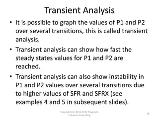 Transient Analysis
• It is possible to graph the values of P1 and P2
  over several transitions, this is called transient
  analysis.
• Transient analysis can show how fast the
  steady states values for P1 and P2 are
  reached.
• Transient analysis can also show instability in
  P1 and P2 values over several transitions due
  to higher values of SFR and SFRX (see
  examples 4 and 5 in subsequent slides).
                   Copyrights (c) 2011-2013 Pragmatic
                                                        18
                          Cohesion Consulting
 