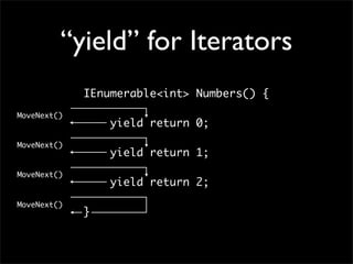 “yield” for Iterators
             IEnumerable<int> Numbers() {
MoveNext()
                 yield return 0;
             	
MoveNext()
                 yield return 1;
             	
MoveNext()
                 yield return 2;
MoveNext()
             }
 