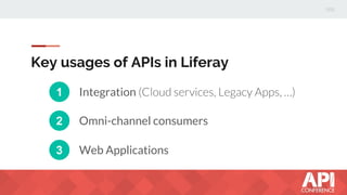 Key usages of APIs in Liferay
1 Integration
Omni-channel consumers
Web Applications
2
3
 