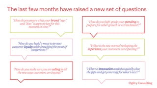 The last few months have raised a new set of questions
“Howdoyouensurewhatyourbrand“says”
and“does”isappropriateforthis
momentintime?”
“Howdoyoubuildamoattoprotect
customerloyaltywhilebreachingthemoatof
competitors?”
“Howdoyoumakesureyouareselling inall
thenewwayscustomersarebuying?”
“Howdoyouhigh-gradeyourspending to
prepareforeithergrowthorretrenchment?”
“Whatisthenewnormalreshapingthe
experienceyourcustomersareexpecting?”
“Whereisinnovation neededtoquicklyclose
thegapsandgetyoureadyforwhat’snext?”
 