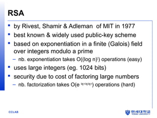 CCLAB
RSA
 by Rivest, Shamir & Adleman of MIT in 1977
 best known & widely used public-key scheme
 based on exponentiation in a finite (Galois) field
over integers modulo a prime
– nb. exponentiation takes O((log n)3
) operations (easy)
 uses large integers (eg. 1024 bits)
 security due to cost of factoring large numbers
– nb. factorization takes O(e log n log log n
) operations (hard)
 