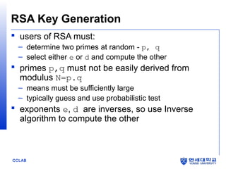 CCLAB
RSA Key Generation
 users of RSA must:
– determine two primes at random - p, q
– select either e or d and compute the other
 primes p,q must not be easily derived from
modulus N=p.q
– means must be sufficiently large
– typically guess and use probabilistic test
 exponents e, d are inverses, so use Inverse
algorithm to compute the other
 