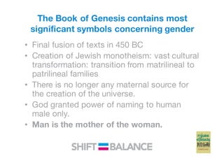 The Book of Genesis contains most
significant symbols concerning gender
• Final fusion of texts in 450 BC
• Creation of Jewish monotheism: vast cultural
transformation: transition from matrilineal to
patrilineal families
• There is no longer any maternal source for
the creation of the universe.
• God granted power of naming to human
male only.
• Man is the mother of the woman.
 