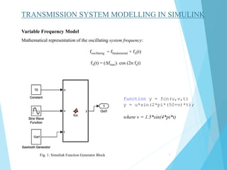 TRANSMISSION SYSTEM MODELLING IN SIMULINK
Variable Frequency Model
Mathematical representation of the oscillating system frequency:
foscillating = ffundamental + fΔ(t)
fΔ(t) = (Δfmax). cos (2п fnt)
function y = fcn(u,v,t)
y = u*sin(2*pi*(50+v)*t);
where v = 1.5*sin(4*pi*t)
Fig. 1: Simulink Function Generator Block 6
 