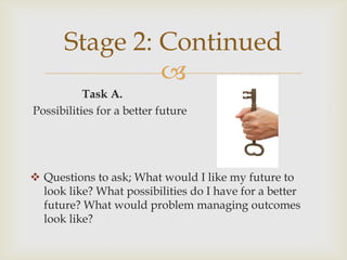 Stage 2: Continued

Task A.
Possibilities for a better future

 Questions to ask; What would I like my future to
look like? What possibilities do I have for a better
future? What would problem managing outcomes
look like?

 