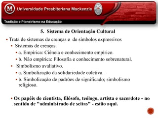 5. Sistema de Orientação Cultural
 Trata de sistemas de crenças e de símbolos expressivos
 Sistemas de crenças.
 a. Empírica: Ciência e conhecimento empírico.
 b. Não empírica: Filosofia e conhecimento sobrenatural.
 Simbolismo avaliativo.
 a. Simbolização da solidariedade coletiva.
 b. Simbolização de padrões de significado; simbolismo
religioso.
 Os papéis de cientista, filósofo, teólogo, artista e sacerdote - no
sentido de "administrado de seitas" - estão aqui.
 