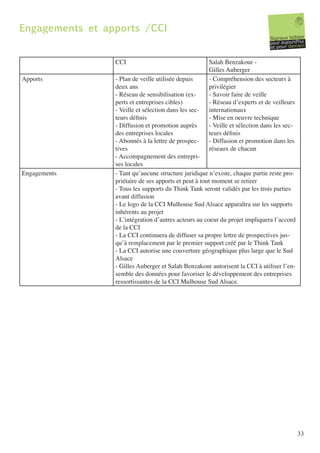 Engagements et apports /CCI
                                                                              Sig na ux fai ble s
                                                                              pour aujourd'hui
                                                                              et po ur de ma in


                 CCI                                 Salah Benzakour -
                                                     Gilles Auberger
Apports          - Plan de veille utilisée depuis    - Compréhension des secteurs à
                 deux ans                            privilégier
                 - Réseau de sensibilisation (ex-    - Savoir faire de veille
                 perts et entreprises cibles)        - Réseau d’experts et de veilleurs
                 - Veille et sélection dans les sec- internationaux
                 teurs déﬁnis                        - Mise en oeuvre technique
                 - Diffusion et promotion auprès     - Veille et sélection dans les sec-
                 des entreprises locales             teurs déﬁnis
                 - Abonnés à la lettre de prospec-   - Diffusion et promotion dans les
                 tives                               réseaux de chacun
                 - Accompagnement des entrepri-
                 ses locales
Engagements      - Tant qu’aucune structure juridique n’existe, chaque partie reste pro-
                 priétaire de ses apports et peut à tout moment se retirer
                 - Tous les supports du Think Tank seront validés par les trois parties
                 avant diffusion
                 - Le logo de la CCI Mulhouse Sud Alsace apparaîtra sur les supports
                 inhérents au projet
                 - L’intégration d’autres acteurs au coeur du projet impliquera l’accord
                 de la CCI
                 - La CCI continuera de diffuser sa propre lettre de prospectives jus-
                 qu’à remplacement par le premier support créé par le Think Tank
                 - La CCI autorise une couverture géographique plus large que le Sud
                 Alsace
                 - Gilles Auberger et Salah Benzakour autorisent la CCI à utiliser l’en-
                 semble des données pour favoriser le développement des entreprises
                 ressortissantes de la CCI Mulhouse Sud Alsace.




                                                                                             33
 