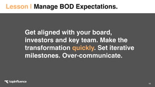 16
Get aligned with your board,
investors and key team. Make the
transformation quickly. Set iterative
milestones. Over-communicate.
Lesson | Manage BOD Expectations.
 