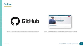 42Copyright © 2020 Toreon. All rights reserved.
WWW.TOREON.COM
Confidential
Online
https://github.com/Toreon/threat-model-playbook https://www.toreon.com/threat-modeling-playbook/
 
