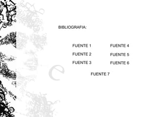 BIBLIOGRAFIA:
FUENTE 1
FUENTE 2
FUENTE 3
FUENTE 4
FUENTE 5
FUENTE 6
FUENTE 7
 