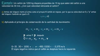 Ejemplo:Un cañón de 1200 kg dispara proyectiles de 15 kg que salen del cañón a una
velocidad de 30 m/s. ¿Con qué velocidad retrocede el cañón?
p antes = p después
0 = . v1’ + . v
v1 v2 v1’ v
0= 15 . 30 + 1200. v ; v= - 450 /1200 = - 0,375 m/s
El signo negativo indica que el cañón se desplaza hacia la izquierda
v1 = v2 =0
a) Antes del disparo tanto el arma como el proyectil están en reposo, por lo que su velocidad es 0 y “p” antes
del disparo también es igual a 0.
b) Aplicando el principio de conservación de la cantidad de movimiento:
 