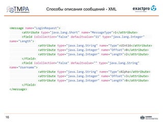 Способы описания сообщений - XML
<message name="LoginRequest">
<attribute type="java.lang.Short" name="MessageType">1</attribute>
<field isCollection="false" defaultvalue="11" type="java.lang.Integer"
name="Length">
<attribute type="java.lang.String" name="Type">UInt16</attribute>
<attribute type="java.lang.Integer" name="Offset">0</attribute>
<attribute type="java.lang.Integer" name="Length">2</attribute>
</field>
<field isCollection="false" defaultvalue="" type="java.lang.String"
name="Username">
<attribute type="java.lang.String" name="Type">Alpha</attribute>
<attribute type="java.lang.Integer" name="Offset">3</attribute>
<attribute type="java.lang.Integer" name="Length">8</attribute>
</field>
</message>
16
 
