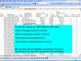 To execute  netting we need following information: Who is the payer (column A and B) Who is the receiver (column C and D) The amount involved (column E) The currency involved (column F and G) We can then sort our database according to the payer (remittance from) and then according to the beneficiary  