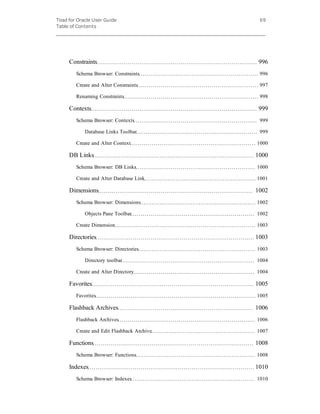 Toad for Oracle User Guide
Table of Contents
69
Constraints 996
Schema Browser: Constraints 996
Create and Alter Constraints 997
Renaming Constraints 998
Contexts 999
Schema Browser: Contexts 999
Database Links Toolbar 999
Create and Alter Context 1000
DB Links 1000
Schema Browser: DB Links 1000
Create and Alter Database Link 1001
Dimensions 1002
Schema Browser: Dimensions 1002
Objects Pane Toolbar 1002
Create Dimension 1003
Directories 1003
Schema Browser: Directories 1003
Directory toolbar 1004
Create and Alter Directory 1004
Favorites 1005
Favorites 1005
Flashback Archives 1006
Flashback Archives 1006
Create and Edit Flashback Archive 1007
Functions 1008
Schema Browser: Functions 1008
Indexes 1010
Schema Browser: Indexes 1010
 