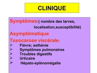 CLINIQUE

Symptômes:( nombre des larves,
           localisation,susceptibilité)
Asymptômatique
Toxocarose viscérale:
   Fièvre; asthénie
   Symptômes pulmonaires
   Troubles digestifs
   Urticaire
   Hépato-splénomégalie
 
