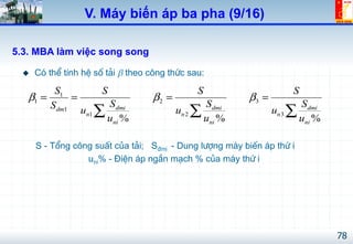 78
1
1 2 3
1
1 2 3
% % %
dmi dmi dmidm
n n n
ni ni ni
S S S S
S S SS u u u
u u u
β β β= = = =
∑ ∑ ∑
!  Cã thÓ tÝnh hÖ sè t¶i β theo c«ng thøc sau:
S - Tæng c«ng suÊt cña t¶i; S®mi - Dung l­îng m¸y biÕn ¸p thø i
uni% - §iÖn ¸p ng¾n m¹ch % cña m¸y thø i
5.3. MBA làm việc song song
V. Máy biến áp ba pha (9/16)
 