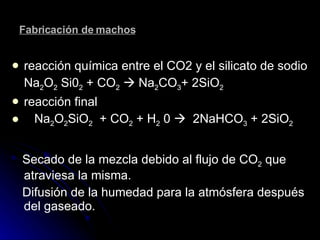 reacción química entre el CO2 y el silicato de sodio Na 2 O 2  Si0 2  + CO 2     Na 2 CO 3 + 2SiO 2 reacción final   Na 2 O 2 SiO 2   + CO 2  + H 2  0     2NaHCO 3  + 2SiO 2 Secado de la mezcla debido al flujo de CO 2  que atraviesa la misma. Difusión de la humedad para la atmósfera después del gaseado. Fabricación de machos 