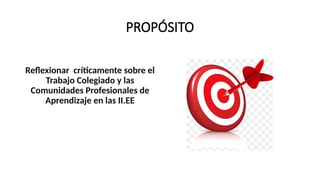 PROPÓSITO
Reflexionar críticamente sobre el
Trabajo Colegiado y las
Comunidades Profesionales de
Aprendizaje en las II.EE
 