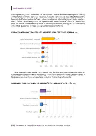 MARÍA SAAVEDRA GUTIÉRREZ
[34] Documentos de Trabajo Social · nº58 · ISSN 1133-6552 / ISSN Electrónico 2173-8246
fueron persona juridica o entidad; Los hechos que con más frecuencia se imputan son: 63
delitos/faltas contra las personas (lesiones, maltrato o amenazas); 26 delitos/faltas contra
la propiedad (robo, hurto o daños); 5 robos con violencia o intimidación; 4 injurias o calum-
nias; 5 delitos contra la seguridad vial y 3 dentro del “cajón de sastre” de otros (aquí indica-
mos: los delitos contra la salud pública, la tenencia/difusión de pornografía y la simulación
del delito). Quedando el mapa conceptual de la siguiente forma
INFRACCIONES COMETIDAS POR LOS MENORES DE LA PROVINCIA DE LEÓN 2013
De las 106 medidas de mediación extrajudiciales, finalizaron 15 mediante conciliación; 82
fueron reparaciones directas o indirectas; 7 consistieron en conciliaciones y reparaciónes; y
las 2 restantes obtuvieron un resultado negativo. Veámoslo graficamente:
FORMAS DE FINALIZACIÓN DE LA MEDIACIÓN EN LA PROVINCIA DE LEÓN 2013
 