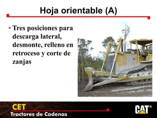 Tractores de Cadenas
CET
Hoja orientable (A)
• Tres posiciones para
descarga lateral,
desmonte, relleno en
retroceso y corte de
zanjas
 
