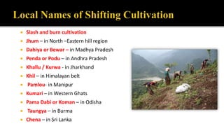  Slash and burn cultivation
 Jhum – in North –Eastern hill region
 Dahiya or Bewar – in Madhya Pradesh
 Penda or Podu – in Andhra Pradesh
 Khallu / Kurwa - in Jharkhand
 Khil – in Himalayan belt
 Pamlou- in Manipur
 Kumari – in Western Ghats
 Pama Dabi or Koman – in Odisha
 Taungya – in Burma
 Chena – in Sri Lanka
 