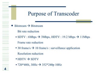 Purpose of Transcoder

    Bitstream      Bitstream
    ¡Ð Bit rate reduction
      SDTV : 6Mbps          3Mbps, HDTV : 19.2 Mbps       11Mbps
    ¡Ð Frame rate reduction
      30 frame/s      10 frame/s : surveillance application
    ¡Ð Resolution reduction
      HDTV         SDTV
      720*480i, 30Hz        352*240p 10Hz
4
 