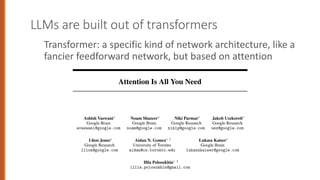 LLMs are built out of transformers
Transformer: a specific kind of network architecture, like a
fancier feedforward network, but based on attention
Provided proper attribution is provided, Google hereby grants permission to
reproduce the tables and figures in this paper solely for use in journalistic or
scholarly works.
Attention Is All You Need
Ashish Vaswani⇤
Google Brain
avaswani@google.com
Noam Shazeer⇤
Google Brain
noam@google.com
Niki Parmar⇤
Google Research
nikip@google.com
Jakob Uszkoreit⇤
Google Research
usz@google.com
Llion Jones⇤
Google Research
llion@google.com
Aidan N. Gomez⇤ †
University of Toronto
aidan@cs.toronto.edu
Łukasz Kaiser⇤
Google Brain
lukaszkaiser@google.com
Illia Polosukhin⇤ ‡
illia.polosukhin@gmail.com
[cs.CL]
2
Aug
2023
 