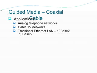Guided Media – Coaxial
Cable Applications:
 Analog telephone networks
 Cable TV networks
 Traditional Ethernet LAN – 10Base2,
10Base5
 