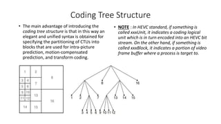 Coding Tree Structure
• The main advantage of introducing the
coding tree structure is that in this way an
elegant and unified syntax is obtained for
specifying the partitioning of CTUs into
blocks that are used for intra-picture
prediction, motion-compensated
prediction, and transform coding.
• NOTE : In HEVC standard, if something is
called xxxUnit, it indicates a coding logical
unit which is in turn encoded into an HEVC bit
stream. On the other hand, if something is
called xxxBlock, it indicates a portion of video
frame buffer where a process is target to.
 
