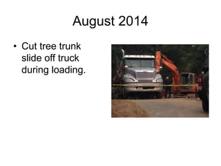 August 2014
• Cut tree trunk
slide off truck
during loading.
 