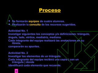 " Sistematización de la Enseñanza Humanidades "6
ProcesoProceso
 Se formarán equipos de cuatro alumnos.
 Realizarán la consulta de los recursos sugeridos.
Actividad No. 1Actividad No. 1
Investigar siguientes los conceptos y/o definiciones: triángulo,
ángulo, lado, vértice, mediatriz, mediana.
Cada integrante del equipo realizará las anotaciones en su
libreta,
compararán su apuntes.
Actividad No. 2Actividad No. 2
Investigar los elementos de un triángulo.
Cada integrante del equipo recibirá una copia ( con un
triángulo ) donde
identificará cada elemento que recuerde.
 