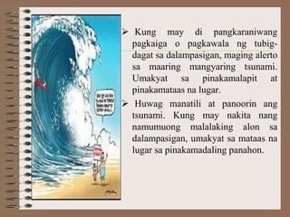  Kung may di pangkaraniwang
  pagkaiga o pagkawala ng tubig-
  dagat sa dalampasigan, maging alerto
  sa maaring mangyaring tsunami.
  Umakyat sa pinakamalapit at
  pinakamataas na lugar.
 Huwag manatili at panoorin ang
  tsunami. Kung may nakita nang
  namumuong malalaking alon sa
  dalampasigan, umakyat sa mataas na
  lugar sa pinakamadaling panahon.
 
