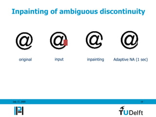 Inpainting of ambiguous discontinuity




      original   input   inpainting   Adaptive NA (1 sec)




July 17, 2009                                        14
 